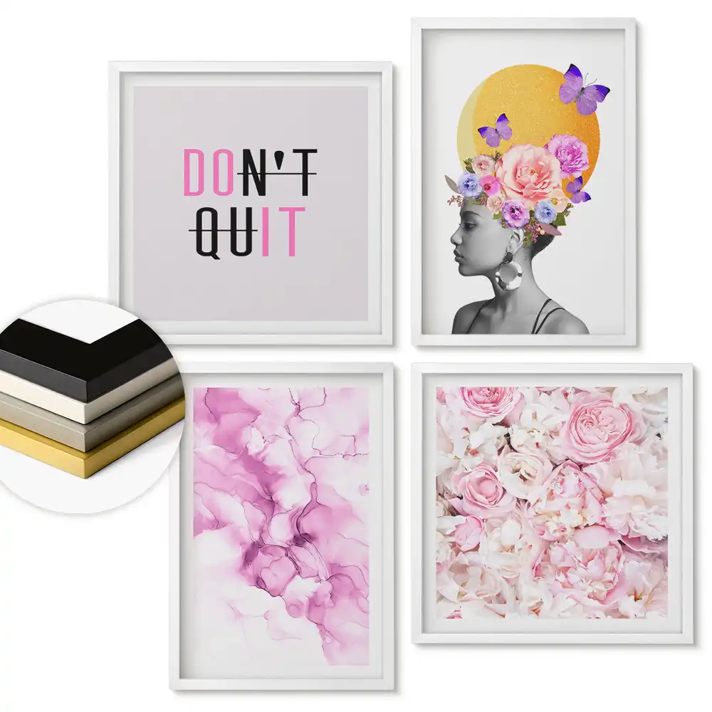 Set 4 tablouri înrămate cu inspirații florale și mesaje motivaționale