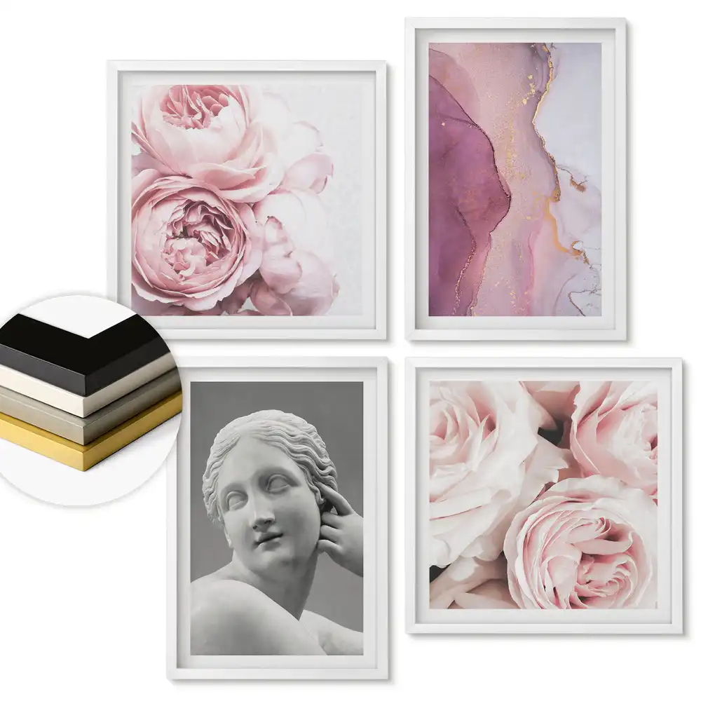 Set de 4 tablouri înrămate cu inspirații florale și sculptură clasică