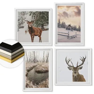 Set 4 tablouri înrămate Peisaj de iarnă cu cerbi și pădure