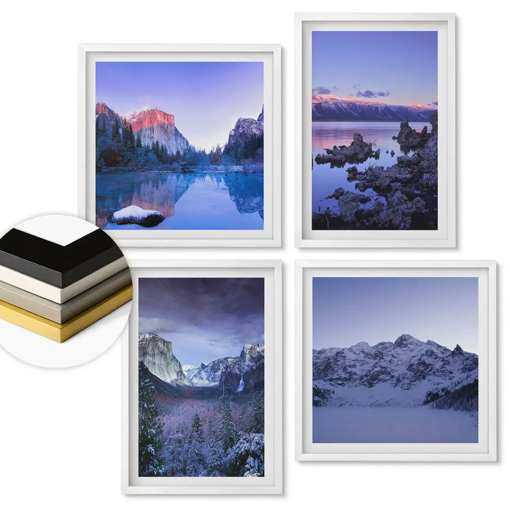 Set de tablouri înrămate cu peisaje montane și lacuri de iarnă