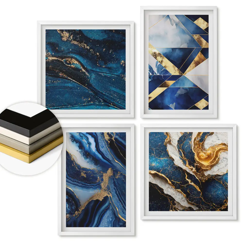 Set 4 tablouri înrămate Abstracțiuni albastre cu accente aurii