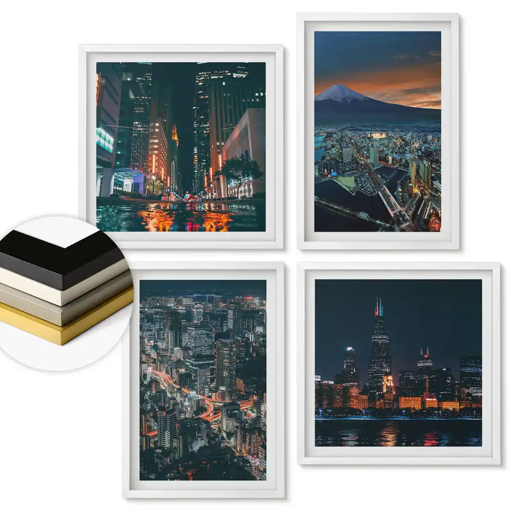 Set 4 tablouri înrămate Peisaje nocturne cu orașe și munți