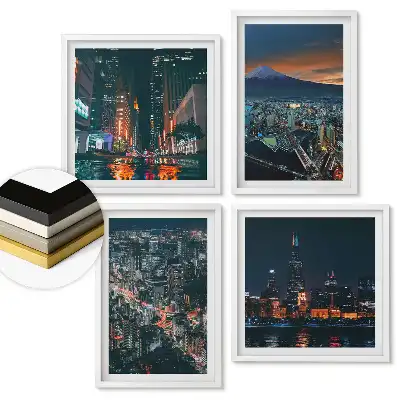 Set 4 tablouri înrămate cu peisaje nocturne urbane și montane