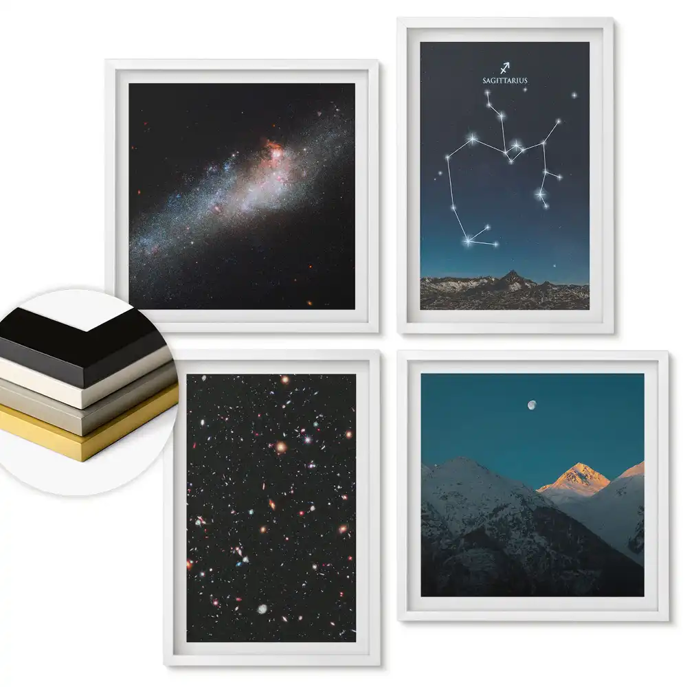 Set de 4 tablouri înrămate cu peisaje cosmice și constelații stelare