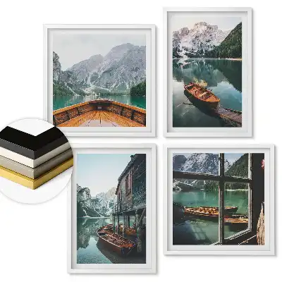 Set de 4 tablouri înrămate Liniștea unui lac de munte și a unei bărci