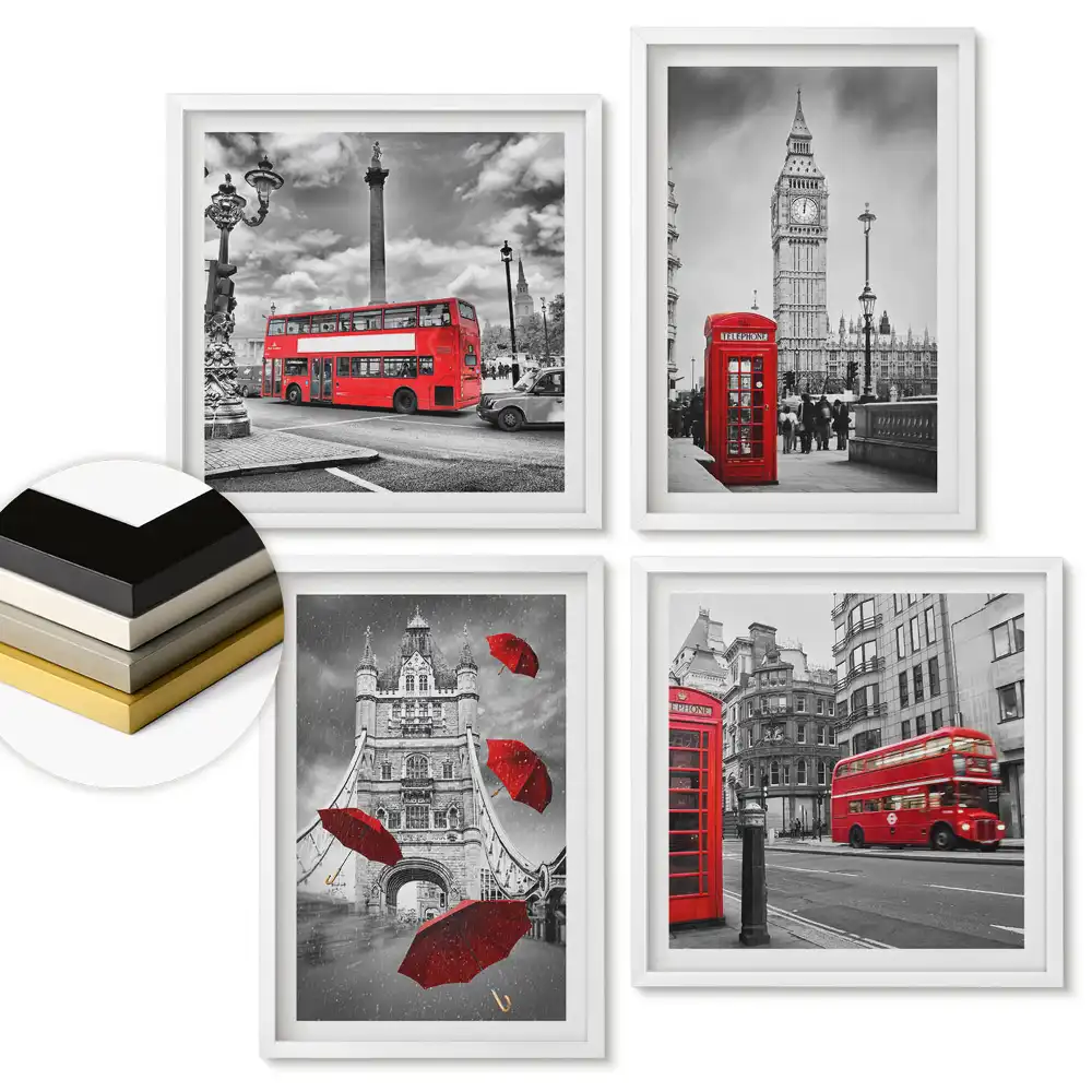Set de tablouri înrămate Londra roșie într-un cadru ploios