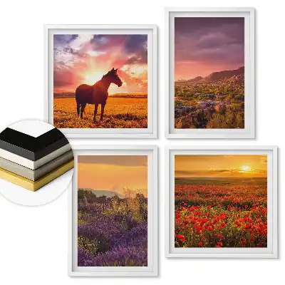 Set de 4 tablouri înrămate cu peisaje naturale la apus