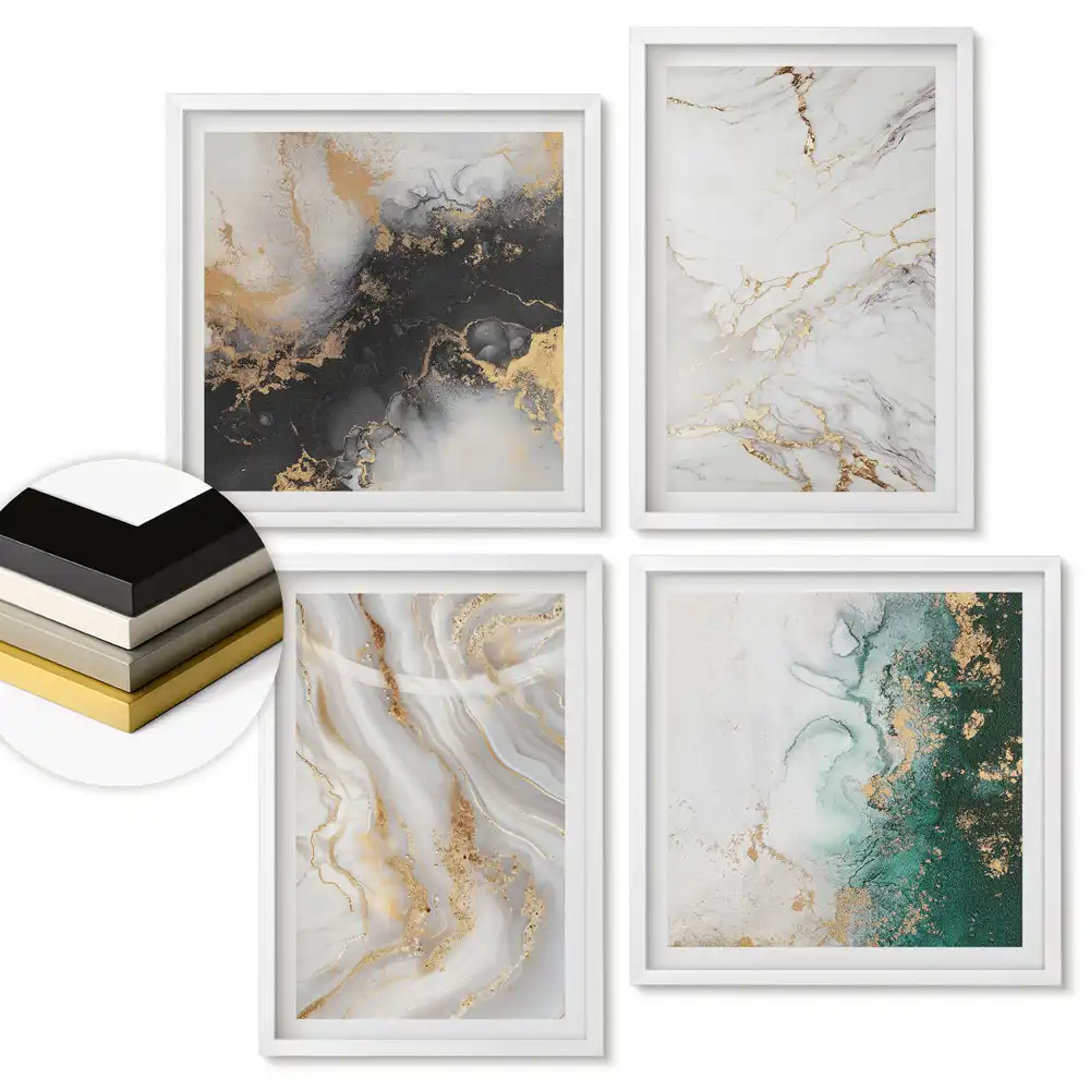 Set de 4 tablouri înrămate Eleganța marmurei cu accente aurii