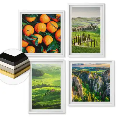 Set 4 tablouri înrămate cu peisaje toscane și fructe