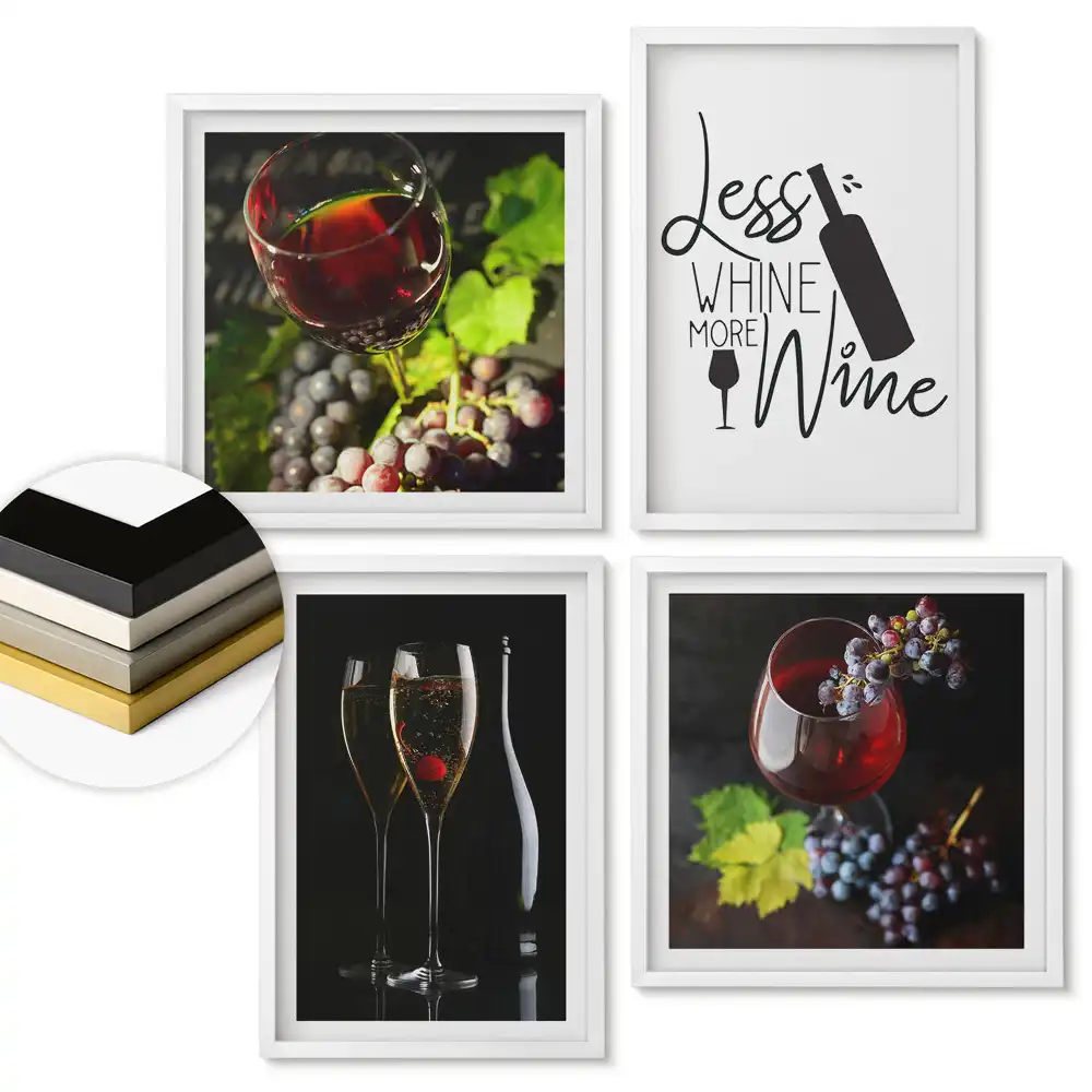 Set 4 tablouri înrămate cu tematică vin și struguri în diverse variante