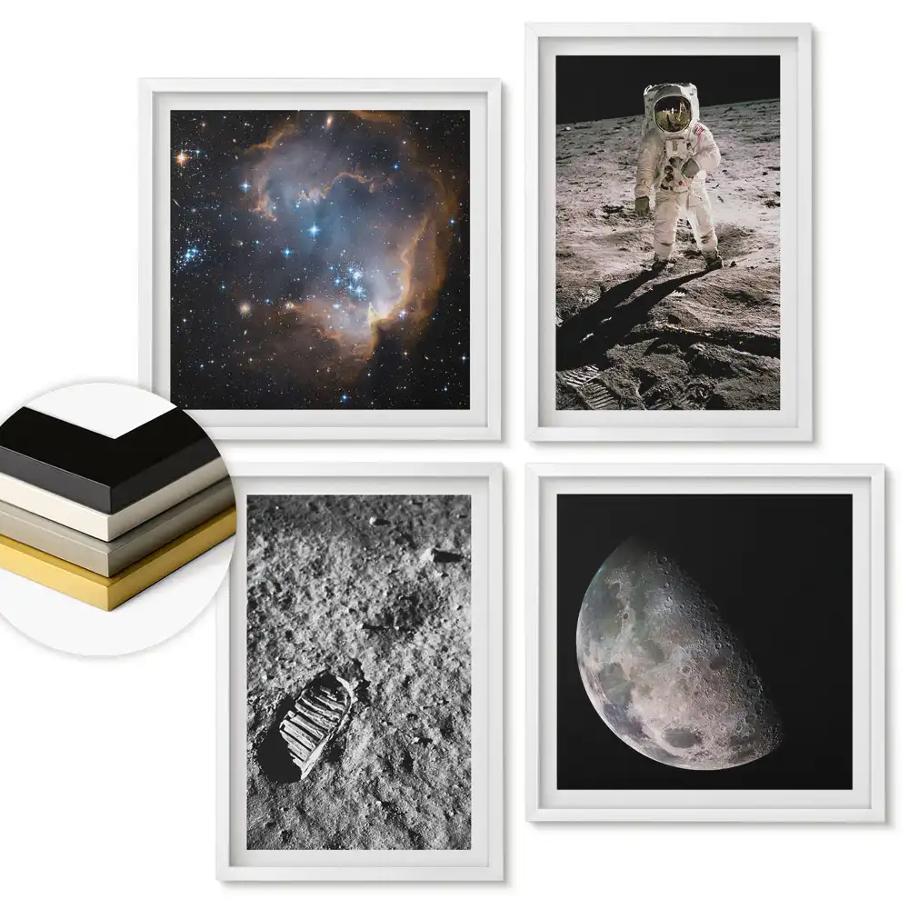 Set 4 tablouri înrămate Călătorii spațiale și descoperiri lunare