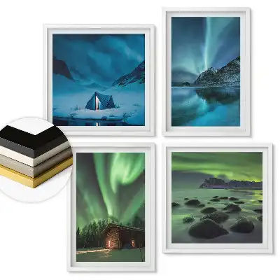 Set 4 tablouri înrămate cu peisaje reprezentând aurora boreală