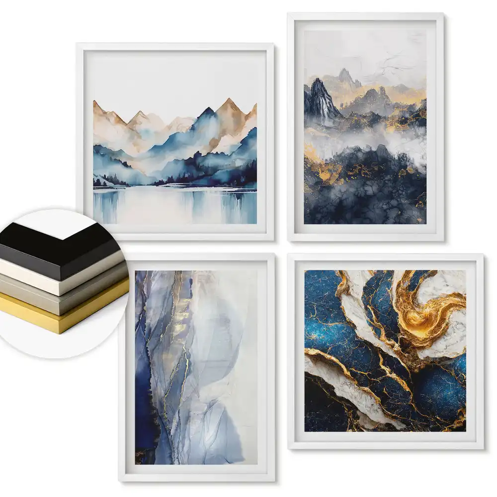 Set 4 tablouri înrămate Peisaje abstracte în nuanțe de albastru