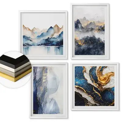Set 4 tablouri înrămate Peisaje abstracte în nuanțe de albastru