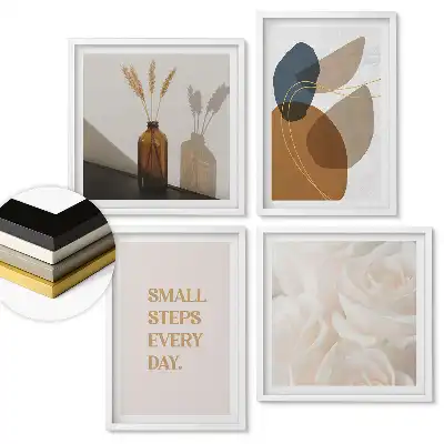 Set de 4 tablouri înrămate cu motive florale, mesaje motivaționale și forme abstracte