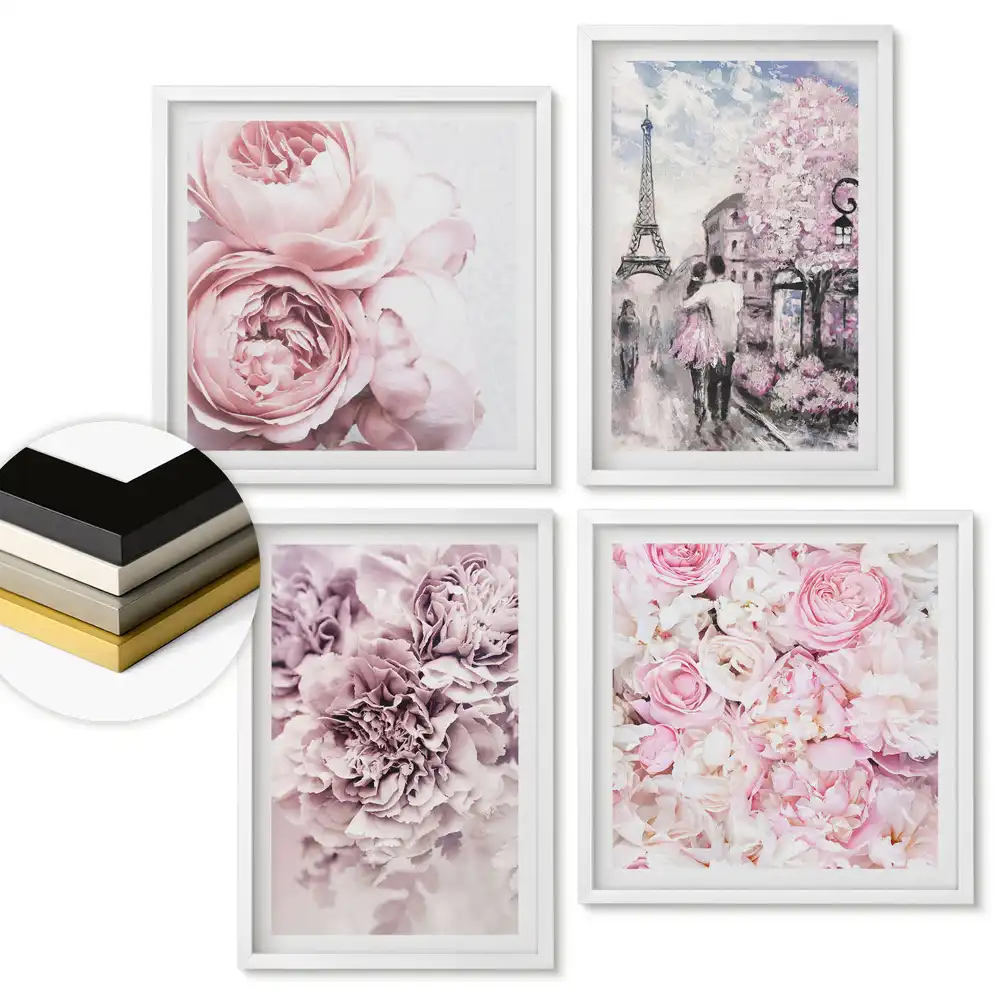 Set de 4 tablouri înrămate cu inspirații florale în nuanțe pastelate
