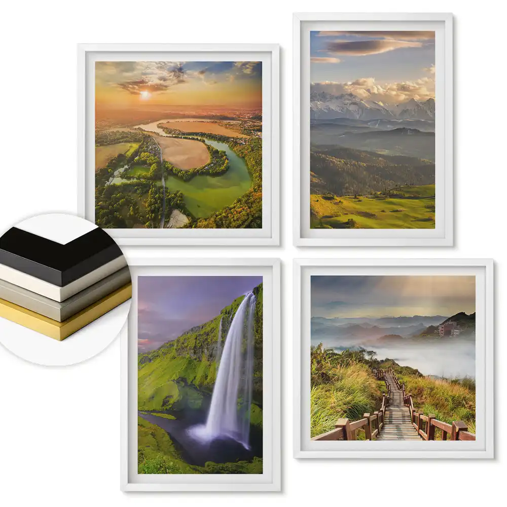 Set de 4 tablouri înrămate cu peisaje naturale în patru variante