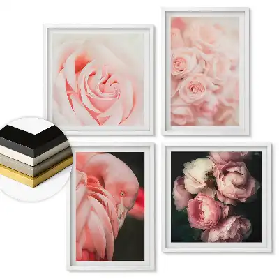 Set 4 tablouri înrămate Flori roz și flamingo în armonie