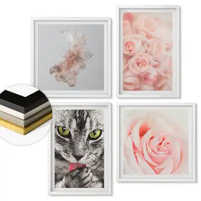 Set 4 tablouri înrămate Flori și pisici în nuanțe delicate