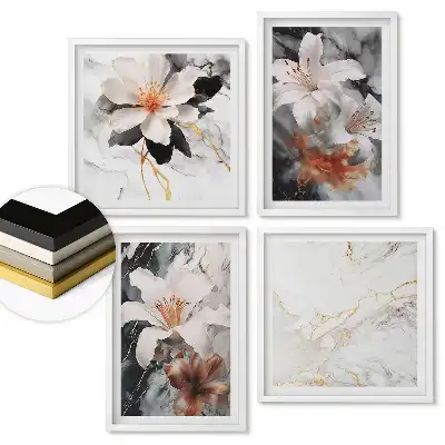 Set 4 tablouri înrămate Compoziții florale pe fundal de marmură