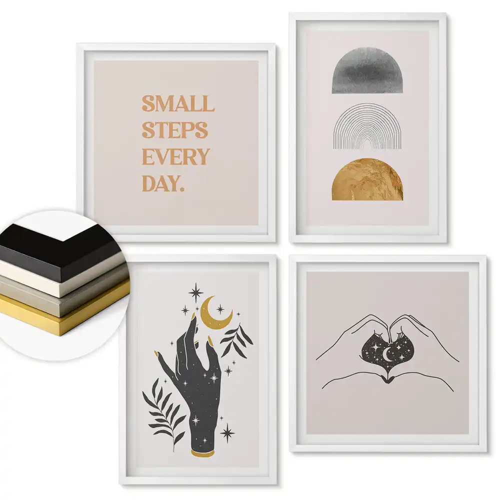 Set de 4 tablouri înrămate cu tematică Inspirații cosmice în stil minimalist