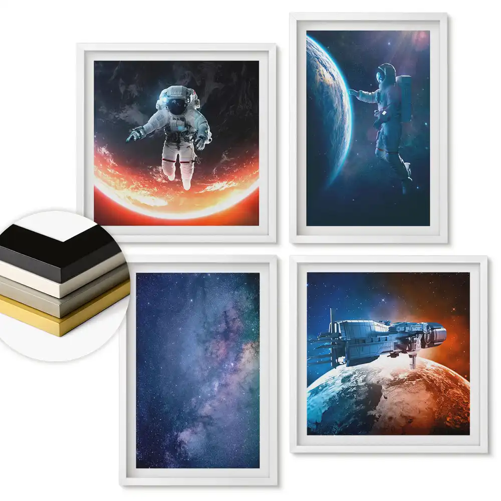 Set de 4 tablouri înrămate cu tematică Călătorii spațiale și descoperiri galactice