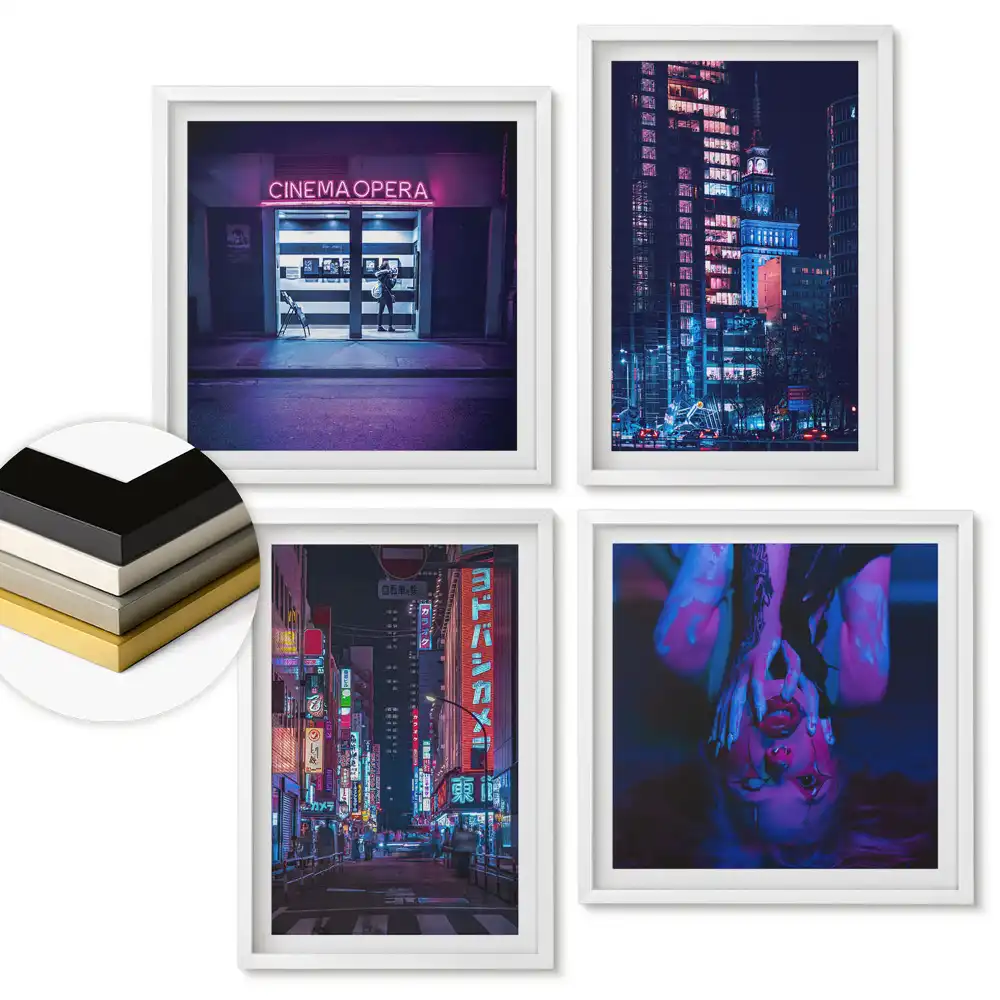 Set de 4 tablouri înrămate O noapte urbană în culori neon