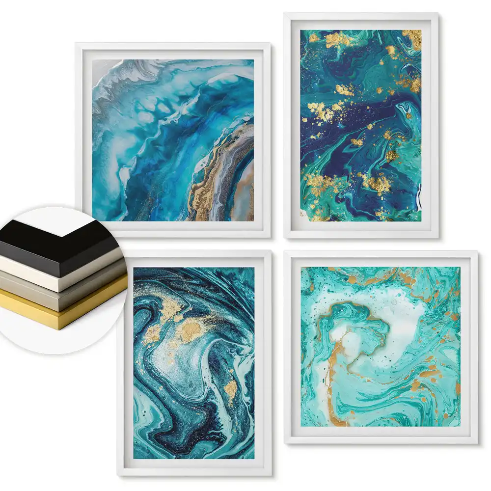 Set 4 tablouri înrămate cu peisaje abstracte în nuanțe de albastru