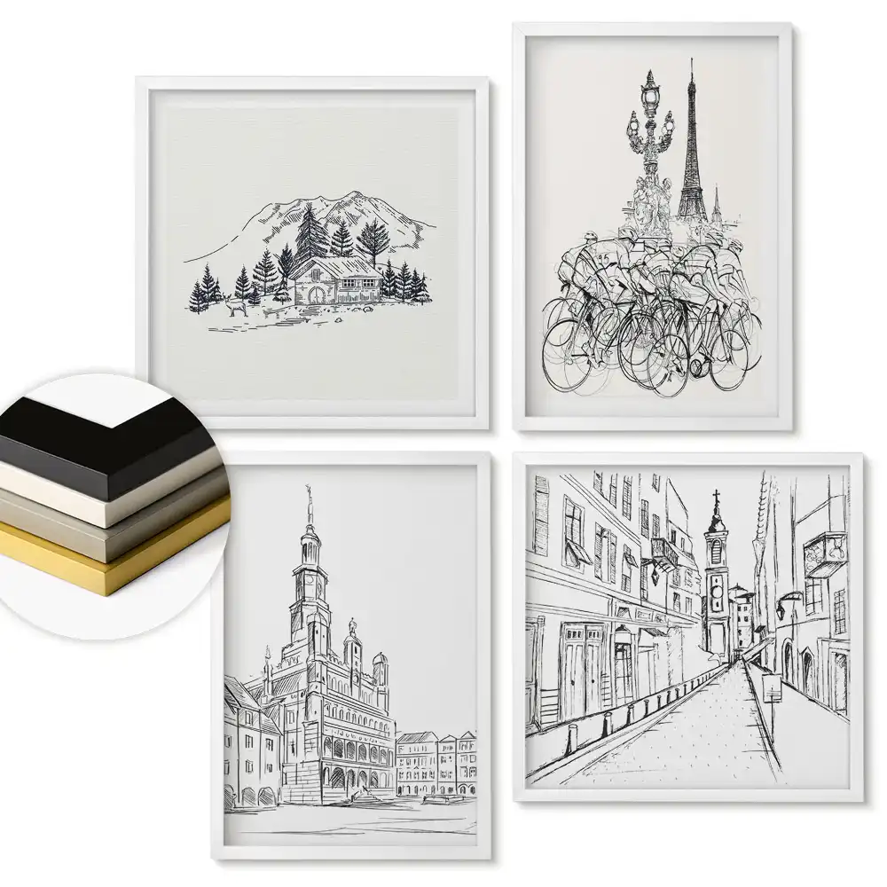 Set de tablouri înrămate cu desene atmosferice ale peisajelor urbane