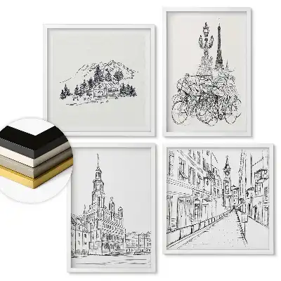 Set de tablouri înrămate cu desene atmosferice ale peisajelor urbane