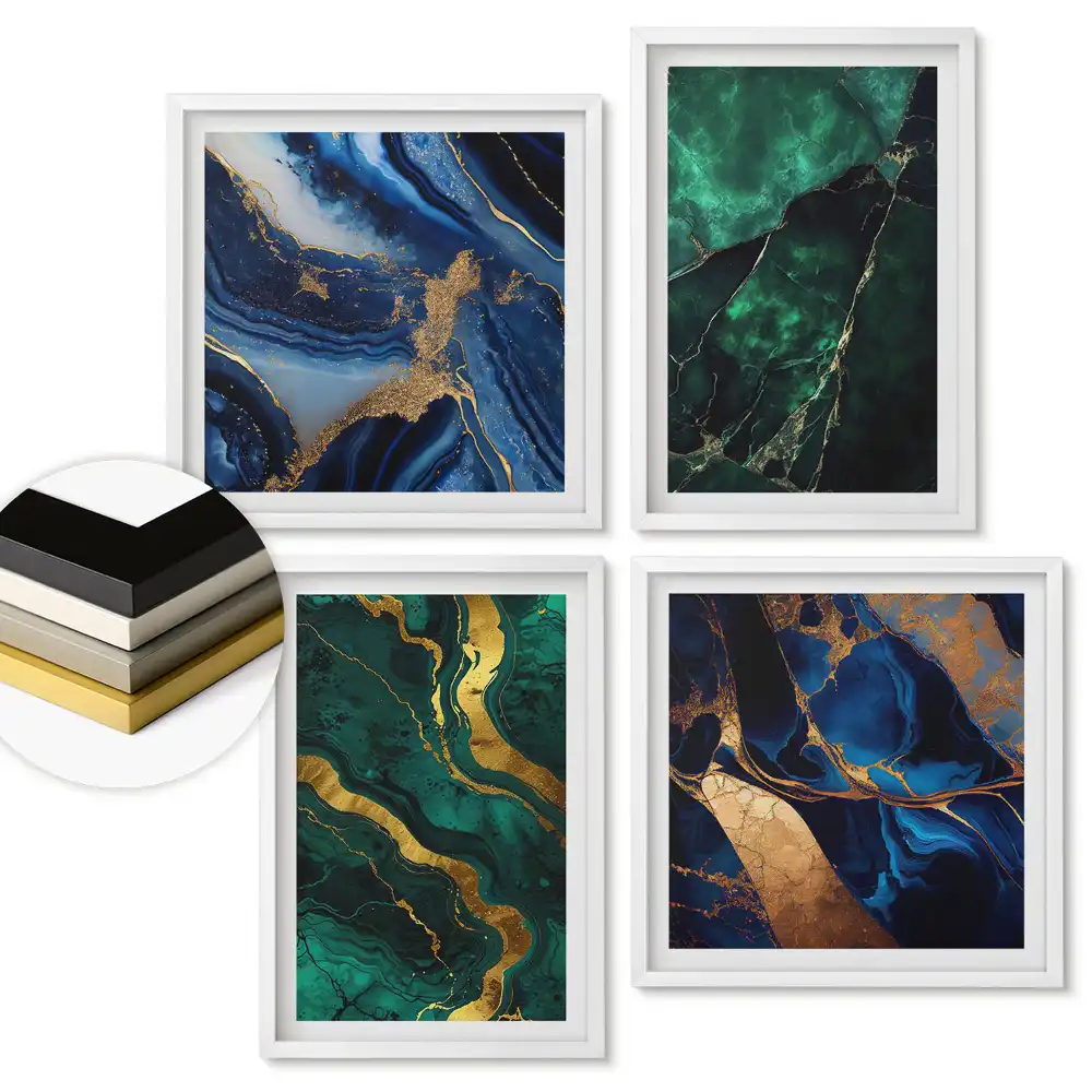 Set de 4 tablouri înrămate cu compoziție elegantă în nuanțe de verde și albastru