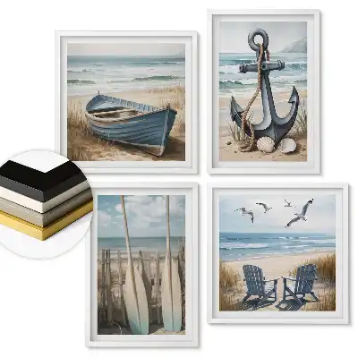 Set de tablouri înrămate cu peisaje de coastă și elemente nautice