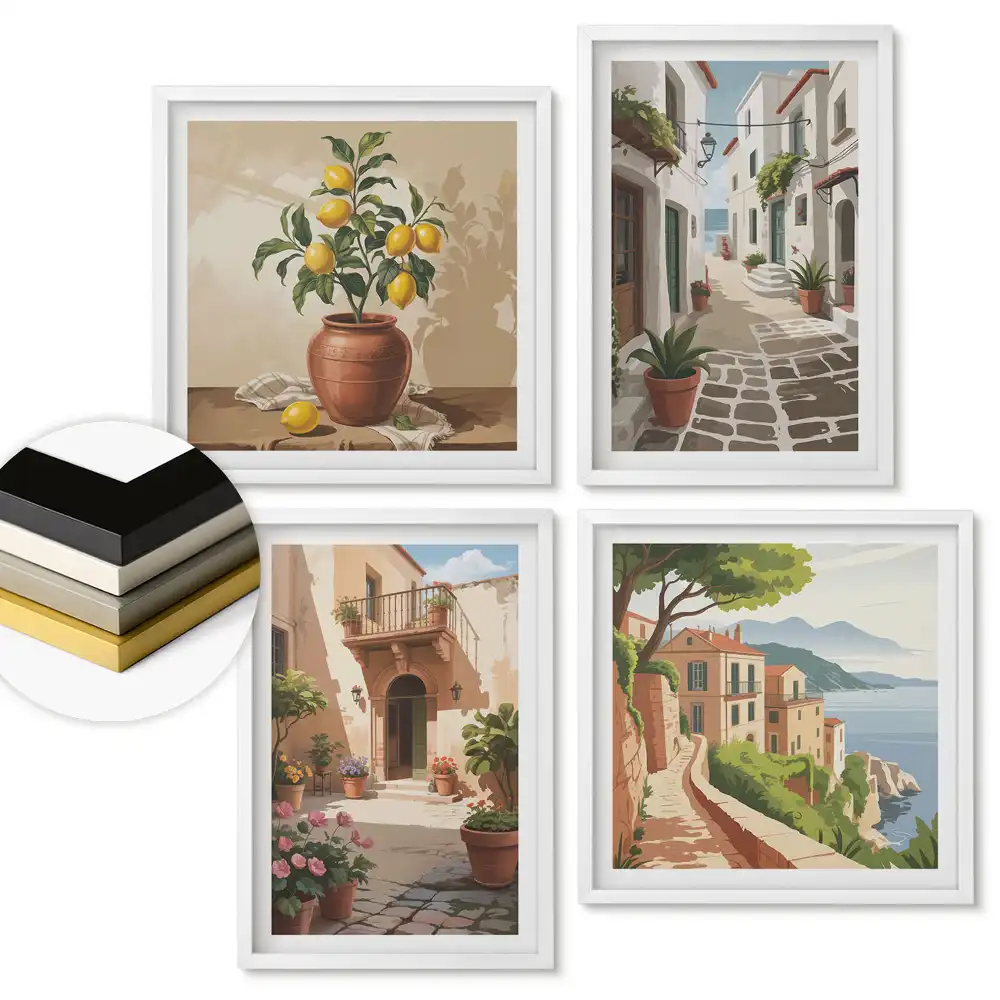 Set de 4 tablouri înrămate cu peisaje fermecătoare și detalii florale