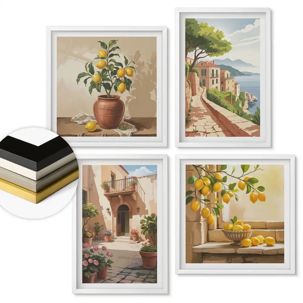 Set 4 tablouri înrămate Inspirații de lămâie într-un cadru pitoresc