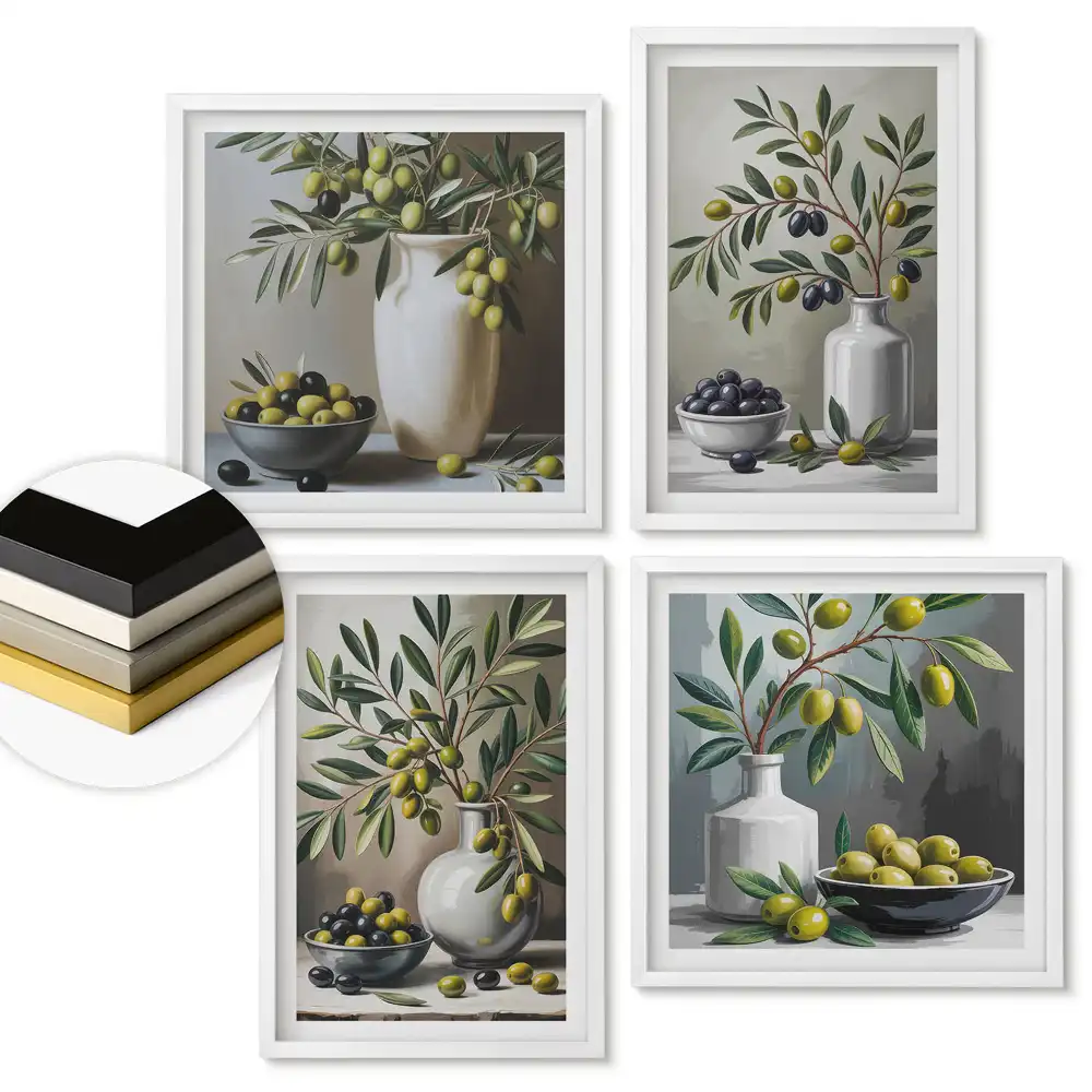 Set 4 tablouri înrămate Fructe de măslin într-o abordare artistică