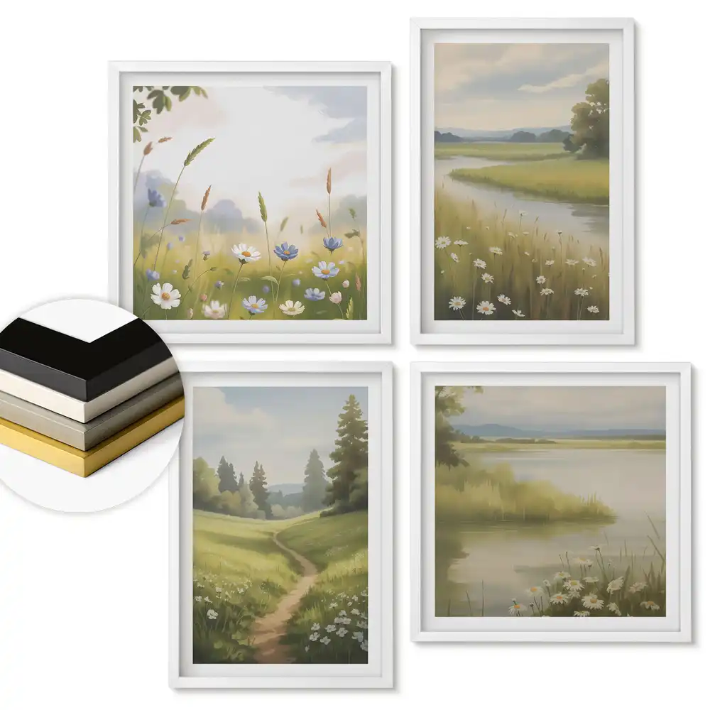Set de 4 tablouri înrămate cu peisaje pictate Pacea naturii
