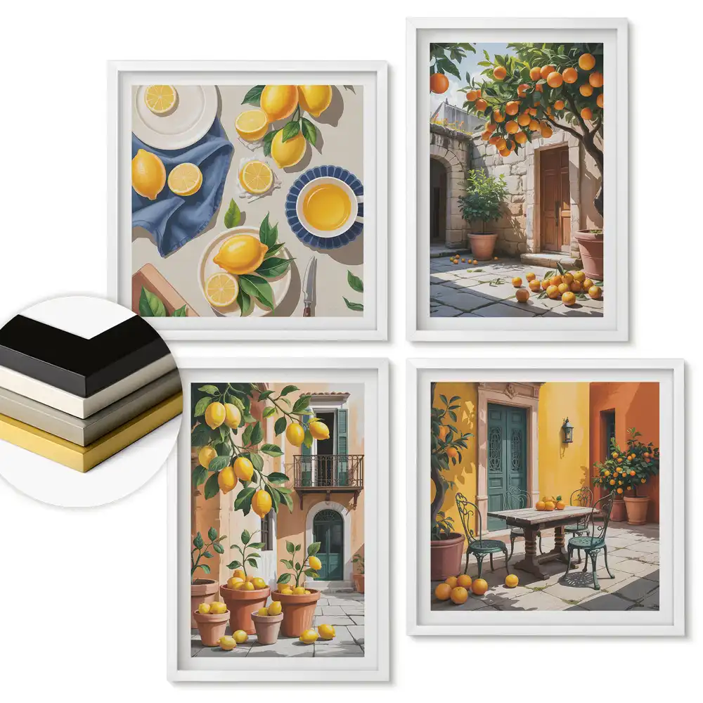 Set 4 tablouri înrămate cu citrice în peisaj pitoresc