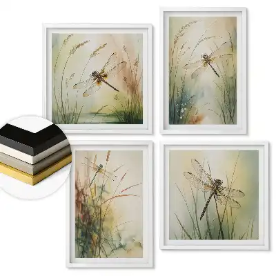 Set 4 tablouri înrămate Libelule de apă într-un cadru delicat