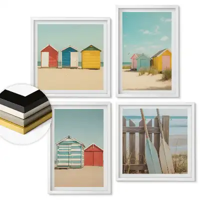 Set de 4 tablouri înrămate cu case colorate pe plajă la soare
