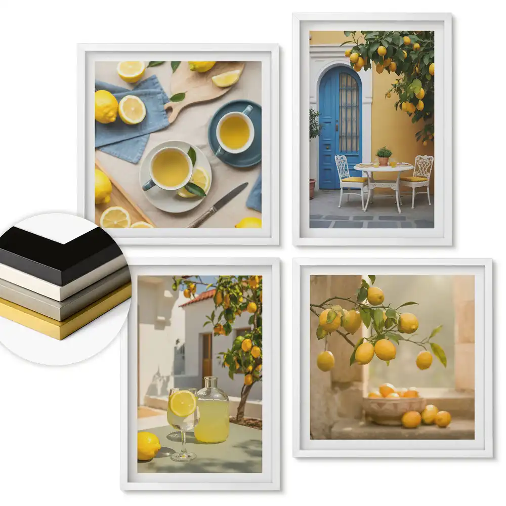 Set de 4 tablouri înrămate cu tematică Lămâi răcoritoare stil însorit