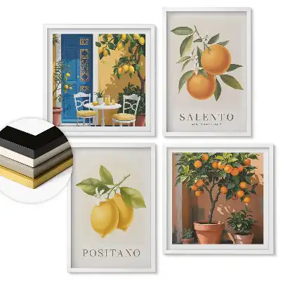 Set 4 tablouri înrămate Peisaje fructate ale Italiei în stil retro