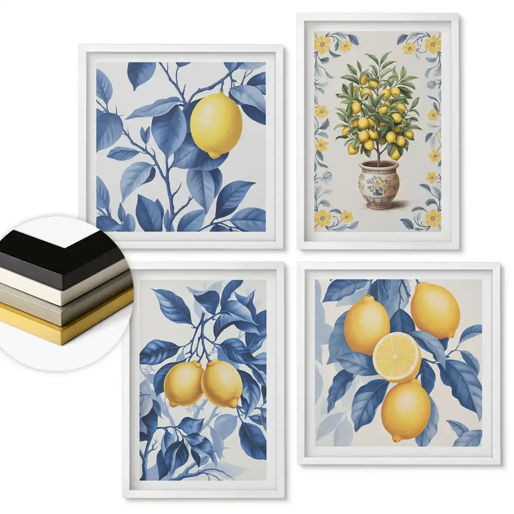 Set 4 tablouri înrămate Lămâi într-o compoziție botanică albastră