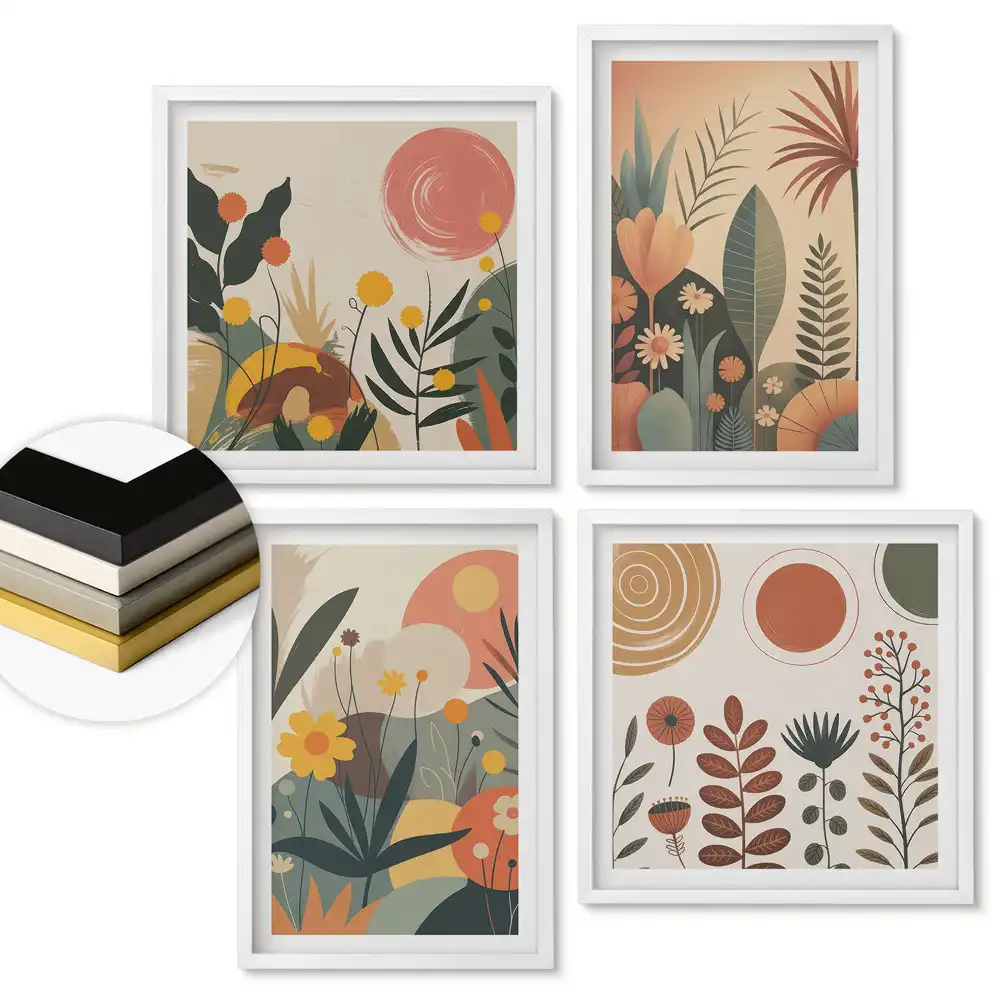 Set de tablouri înrămate cu plante colorate și forme abstracte
