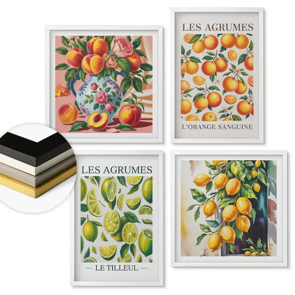 Set de 4 tablouri înrămate cu citrice în variantă artistică