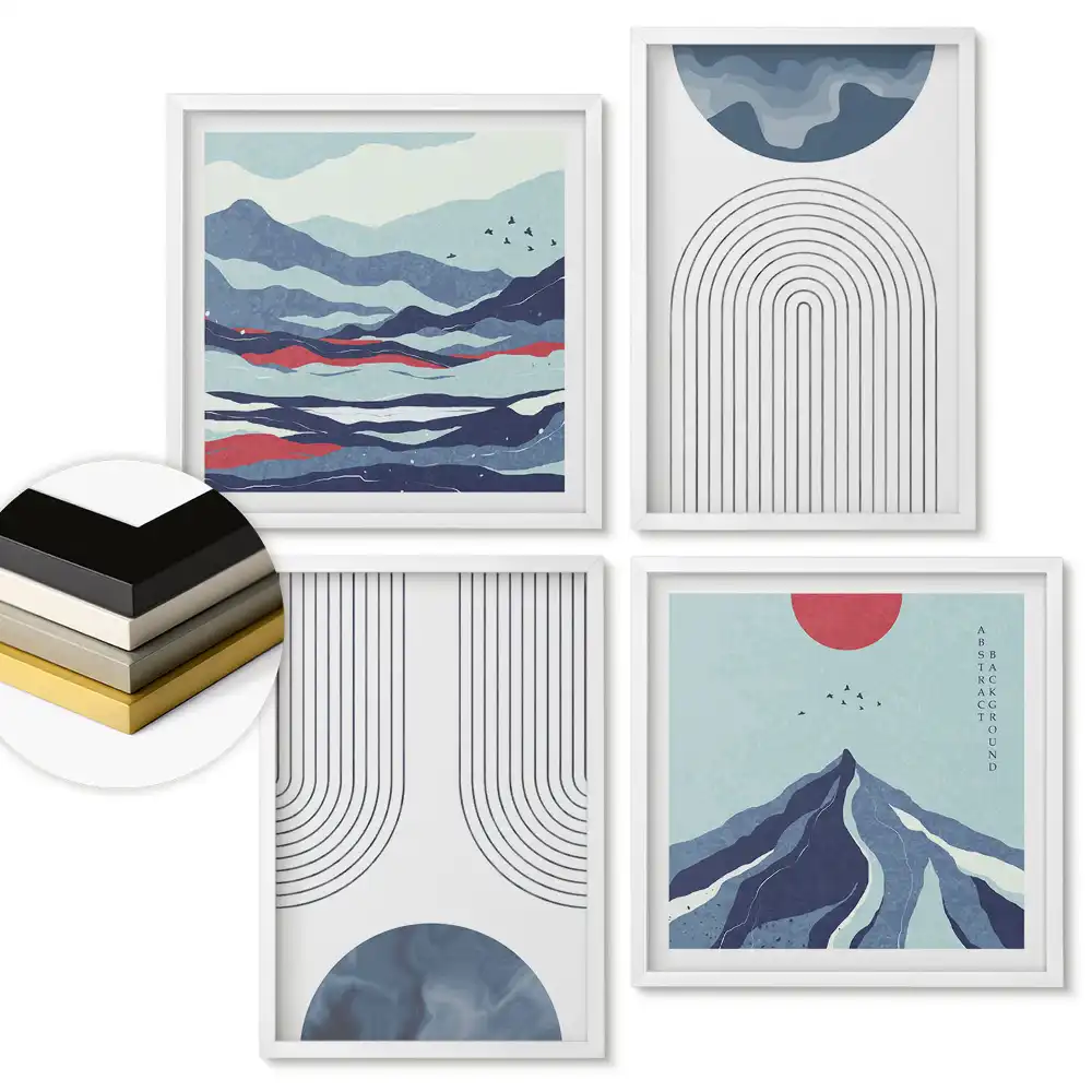 Set de 4 tablouri înrămate cu peisaje abstracte în culori discrete