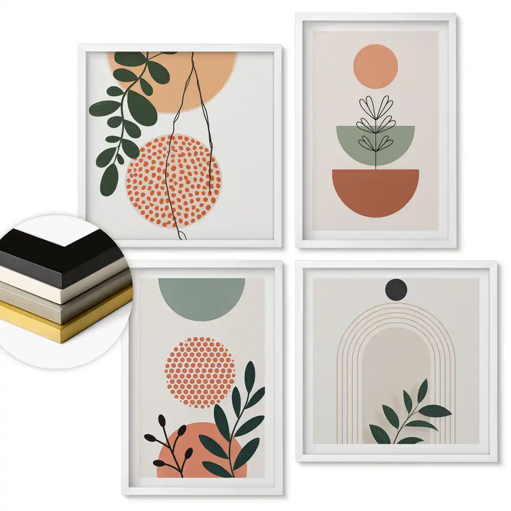 Set 4 tablouri înrămate Compoziții vegetale și geometrice moderne