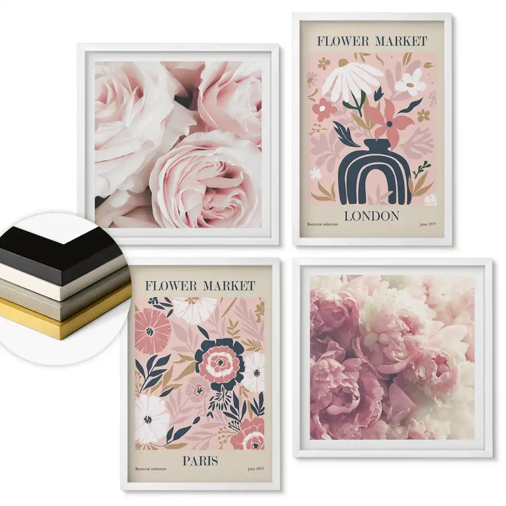Set de 4 tablouri înrămate Piața de flori în nuanțe pastelate