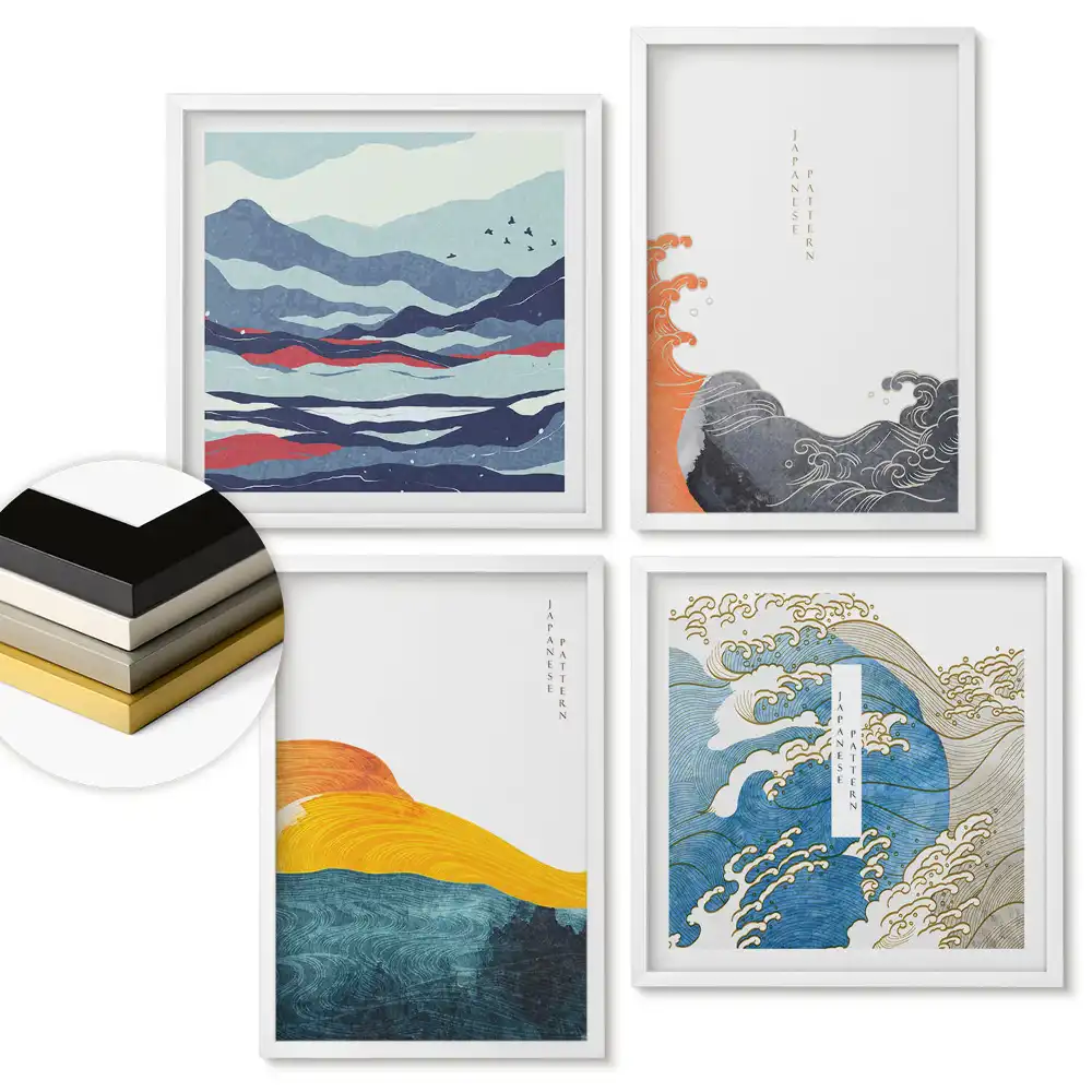 Set 4 tablouri înrămate cu valuri japoneze și peisaje montane