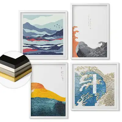 Set 4 tablouri înrămate Valuri japoneze și peisaje montane