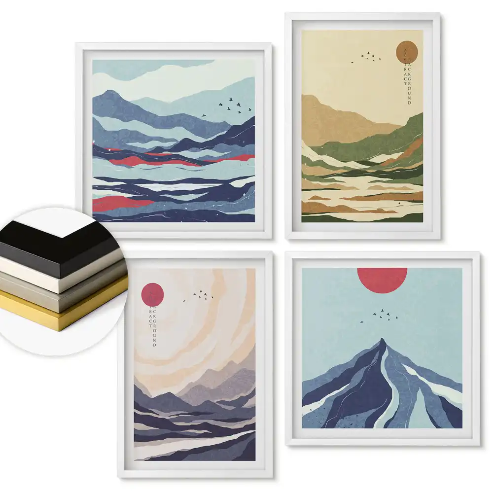 Set 4 tablouri înrămate Peisaje montane în culori pastelate